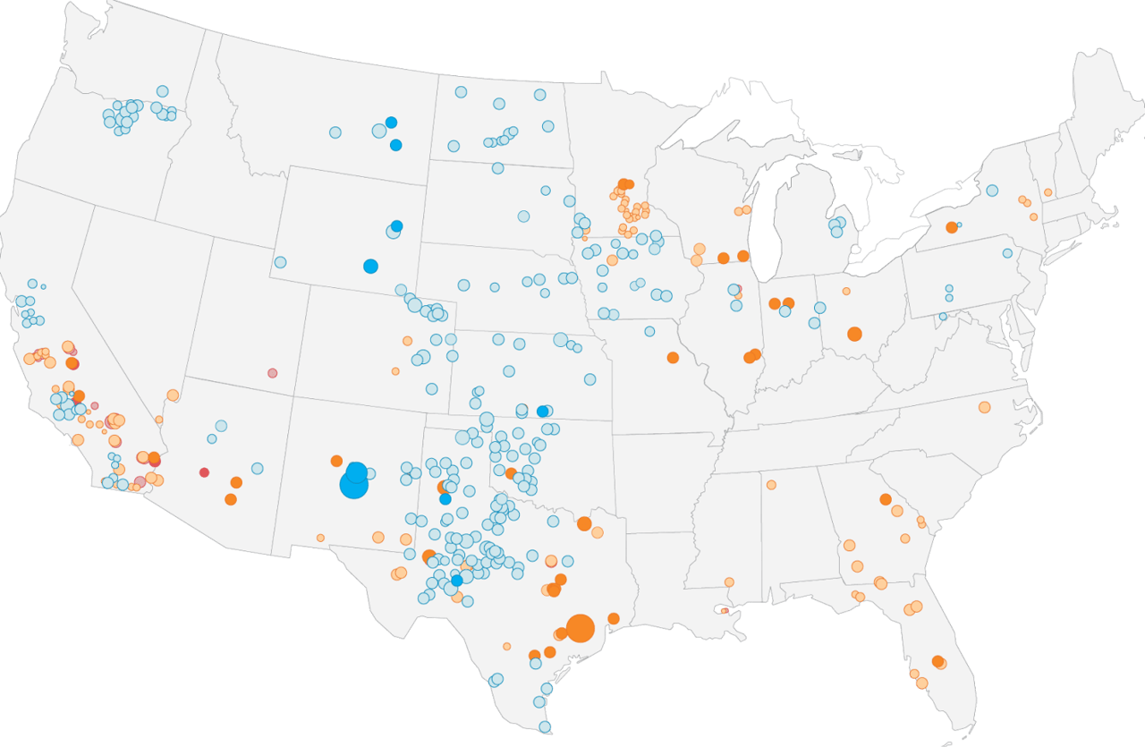 Blattner united states projects map with blue and orange dots